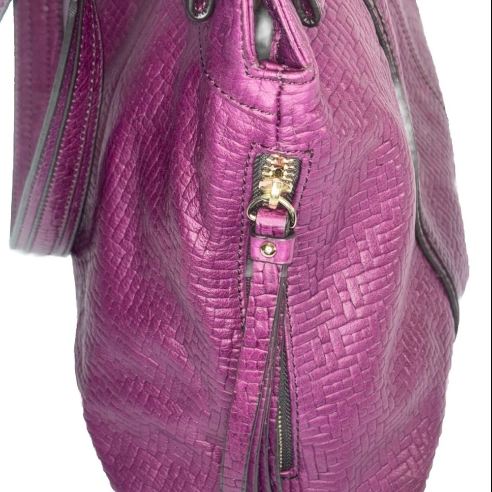 B. Makowsky Plum Embossed Leather Shoulder Bag Large Tote Leopard Lining - Picture 3 of 14